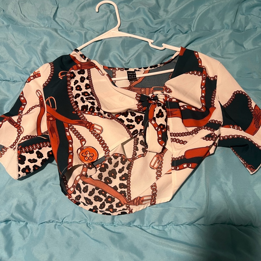 SHEIN Orange and Black Crop Blouse with Tie Front and Peter Pan Collar